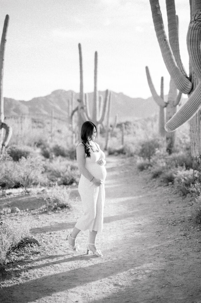  A pregnant woman in a light dress stands on a desert path surrounded by tall saguaro cacti, gazing down and holding her belly. Mountains are visible in the background under a bright sky. 